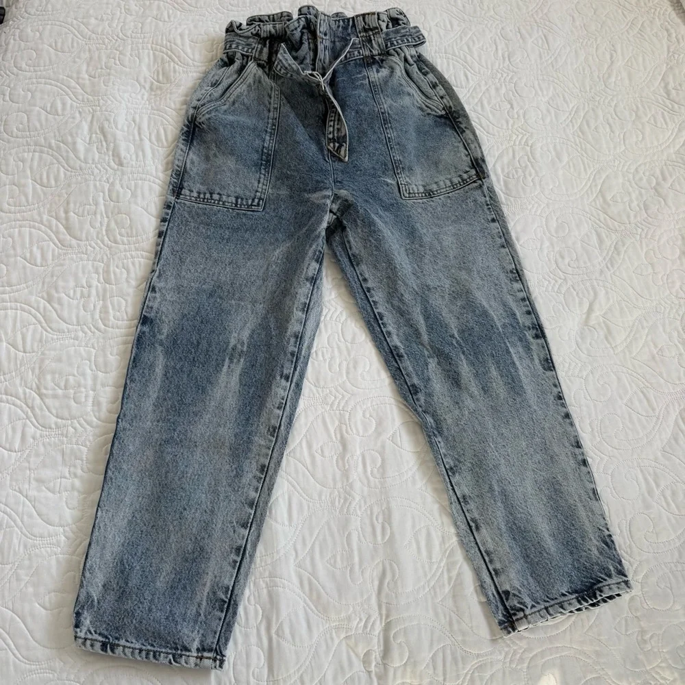 River Island High Rise Balloon Wide-leg Paper-bag Tie Belt Acid Wash WM’s 12 EUC